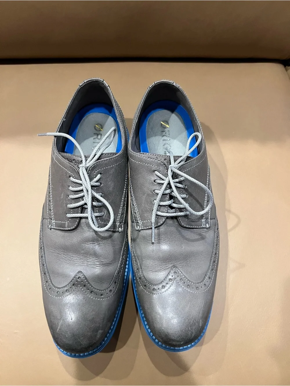 Cole Haan Gray Leather Wingtip Oxfords with Blue Sole